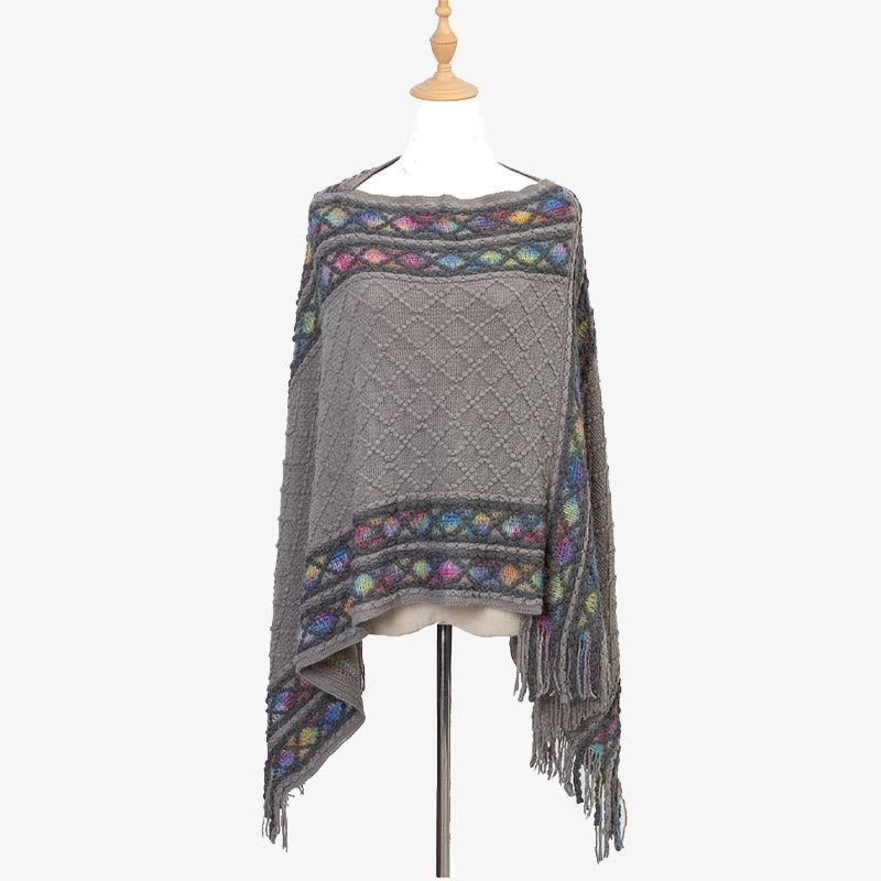 Tactile Knit Geometric Tassel Meditation Shawl Pullover