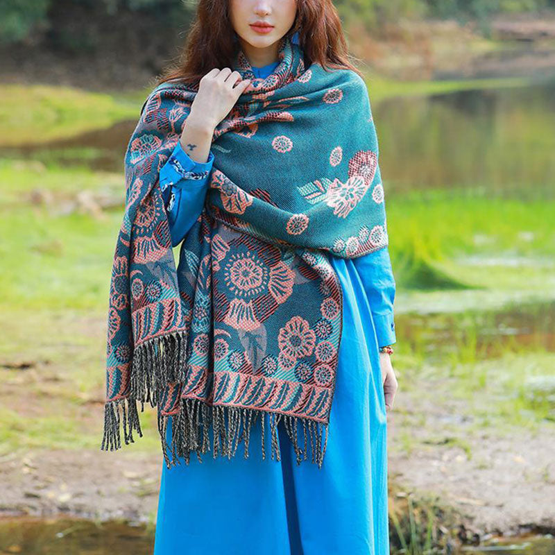 Tibetan Flower Floral Leaves Pattern Design Shawl Cozy Travel Scarf Wrap