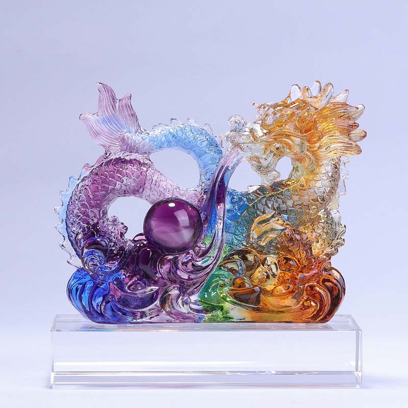 Year of the Dragon Handmade Dragon Playing With Pearl Ingot Liuli Crystal Art Piece Protection Home Office Decoration
