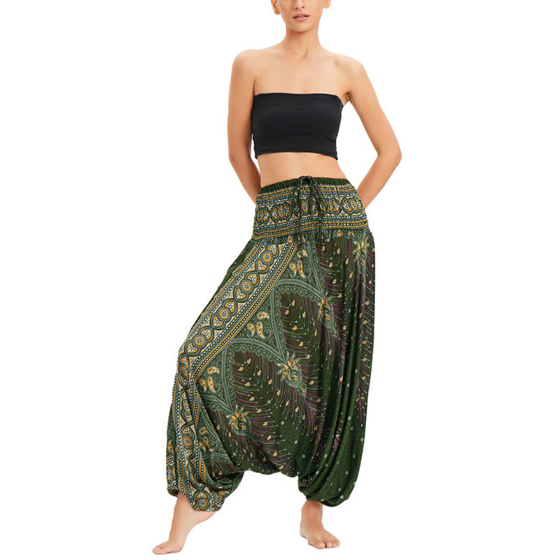 Two Style Wear Peacock Feather Loose Smocked Harem Trousers Jumpsuit High Waist Pants