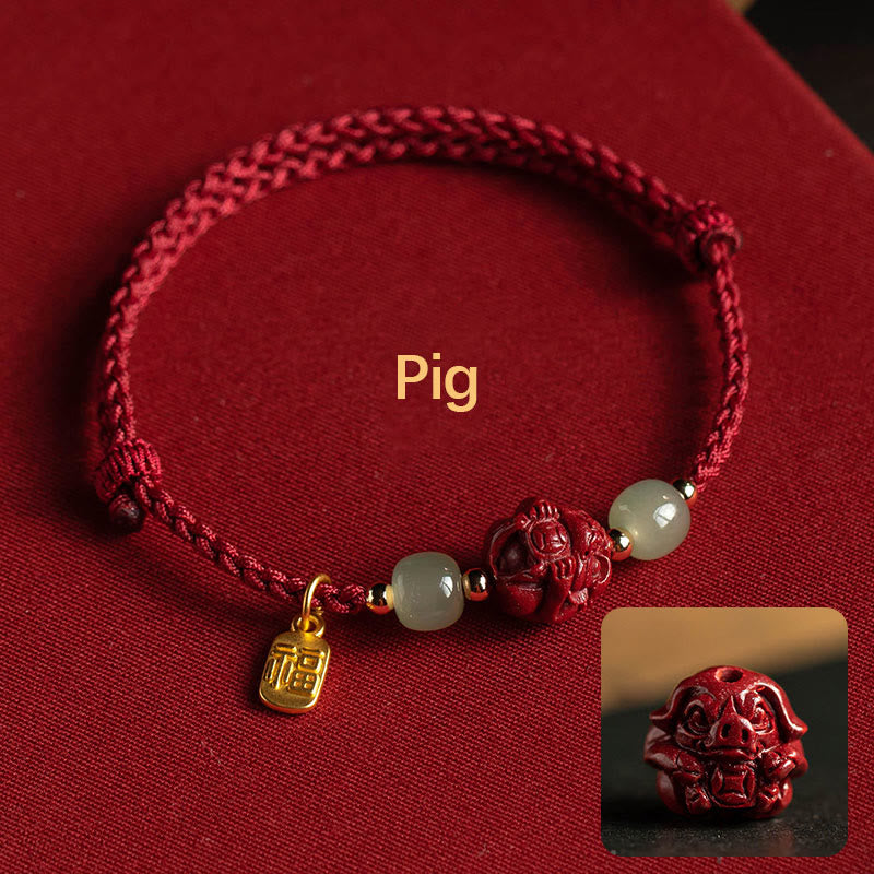 Handmade Cinnabar & Hetian Jade Sterling Silver Chinese Zodiac Fu Red String Bracelet