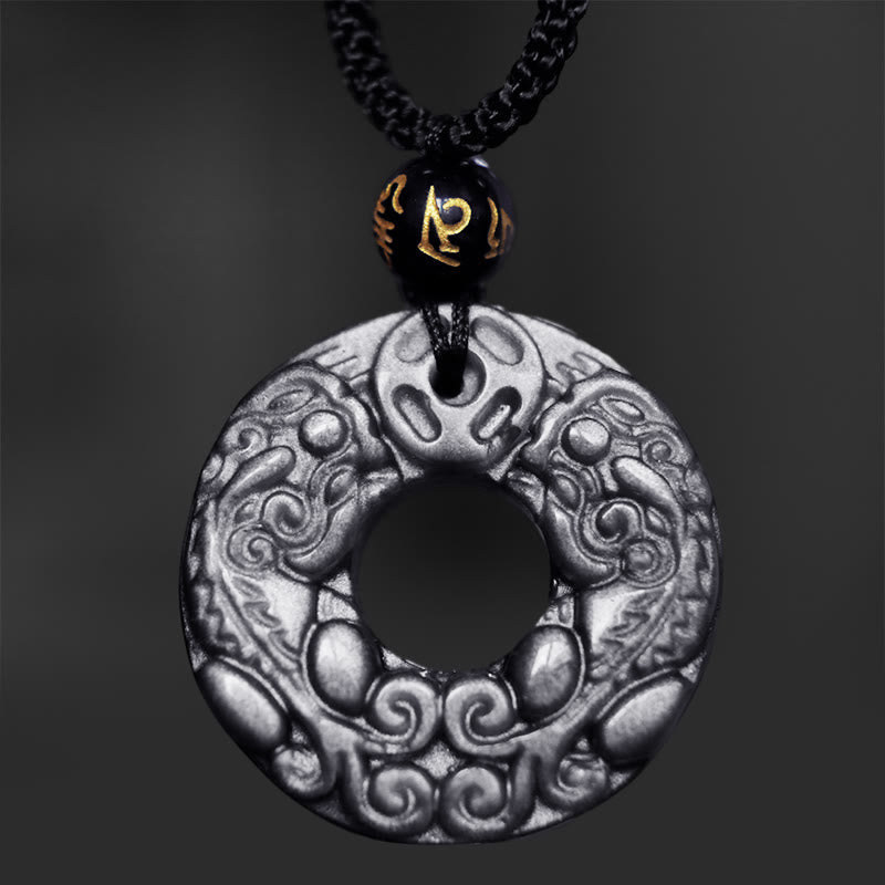 Natural Silver Sheen Obsidian Double PiXiu Copper Coin Peace Buckle Protection Necklace Pendant