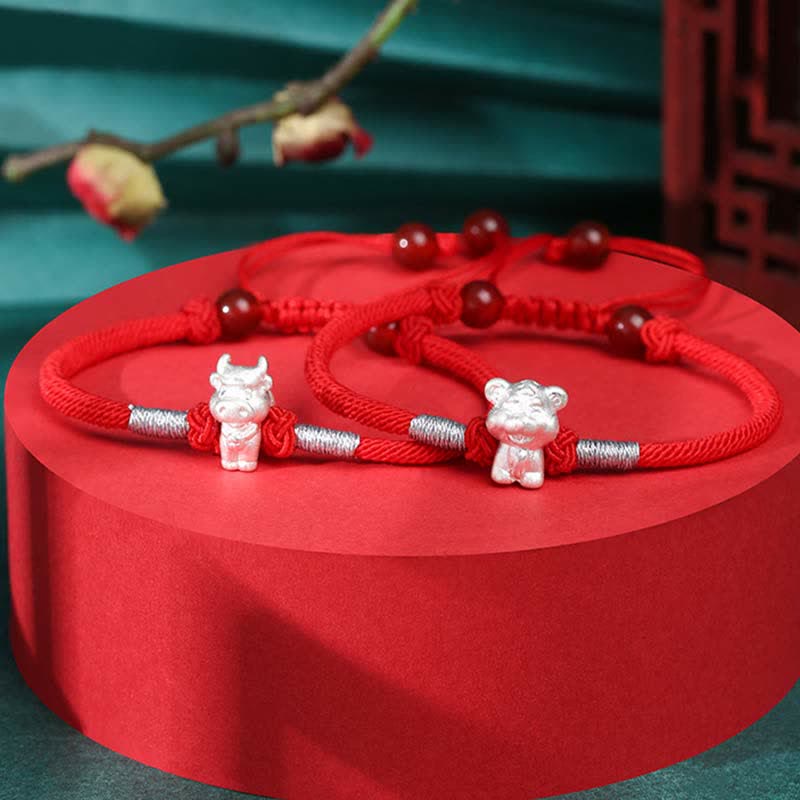 Handcrafted 999 Fine Silver Chinese Zodiac Red String Adjustable Bracelet
