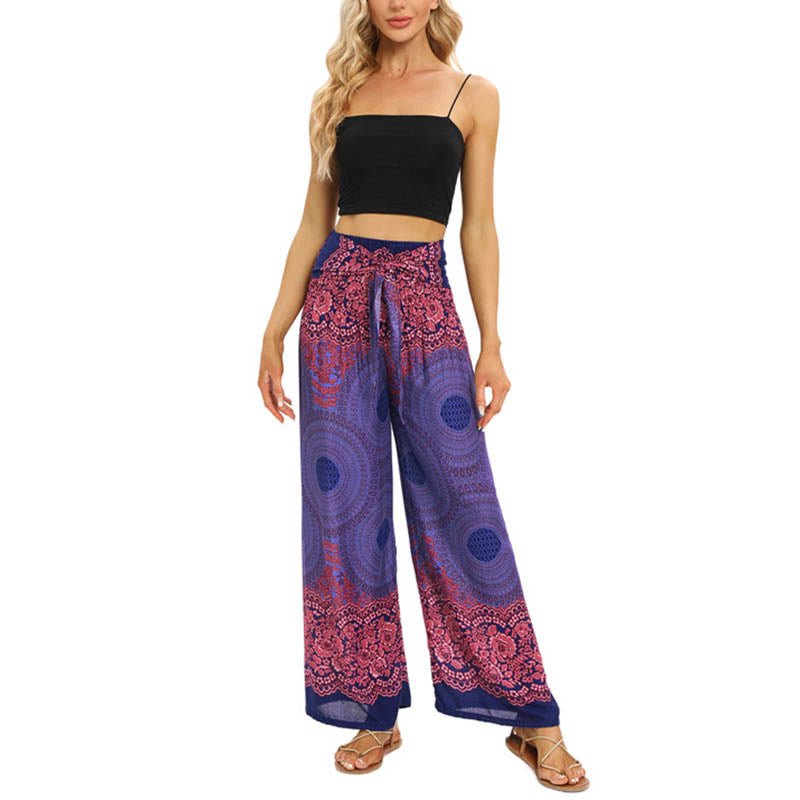 Bohemian Compass Flower Print Lace-up Wide Leg Pants Women's Yoga Pants