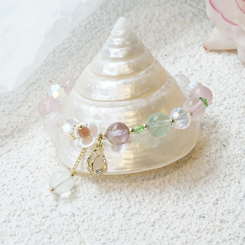 Natural Clear Quartz and Floral Gemstone Bracelet for Emotional Clarity