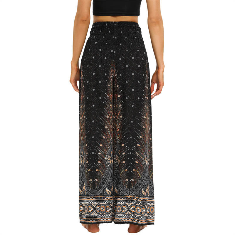 Boho Peacock Feathers Lace-up Wide Leg Pants Women's Yoga Pants