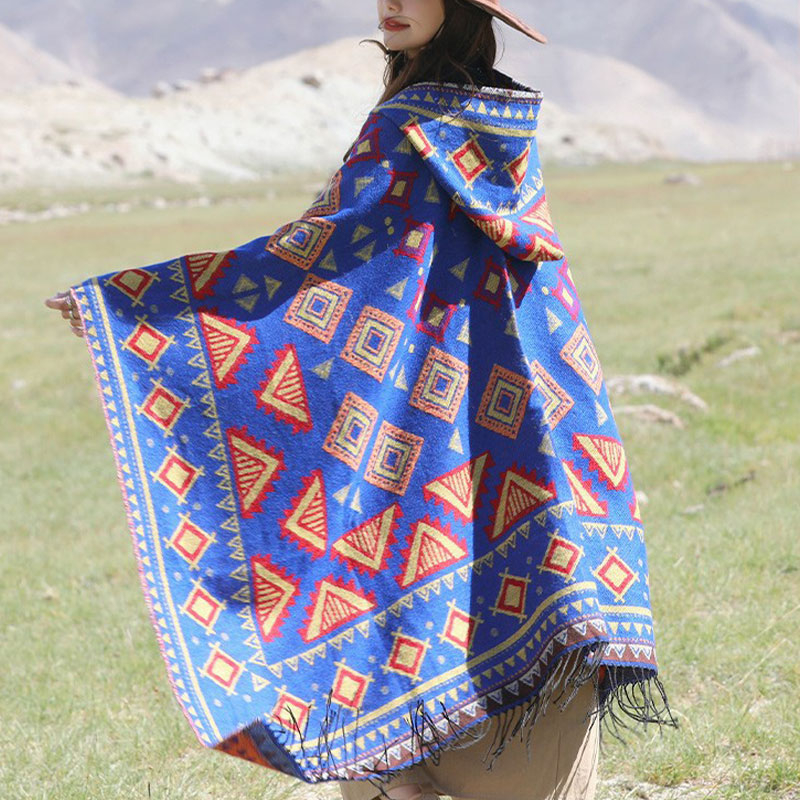 Tibetan Shawl Triangle Pattern Hooded Cloak Winter Cozy Travel Scarf Wrap