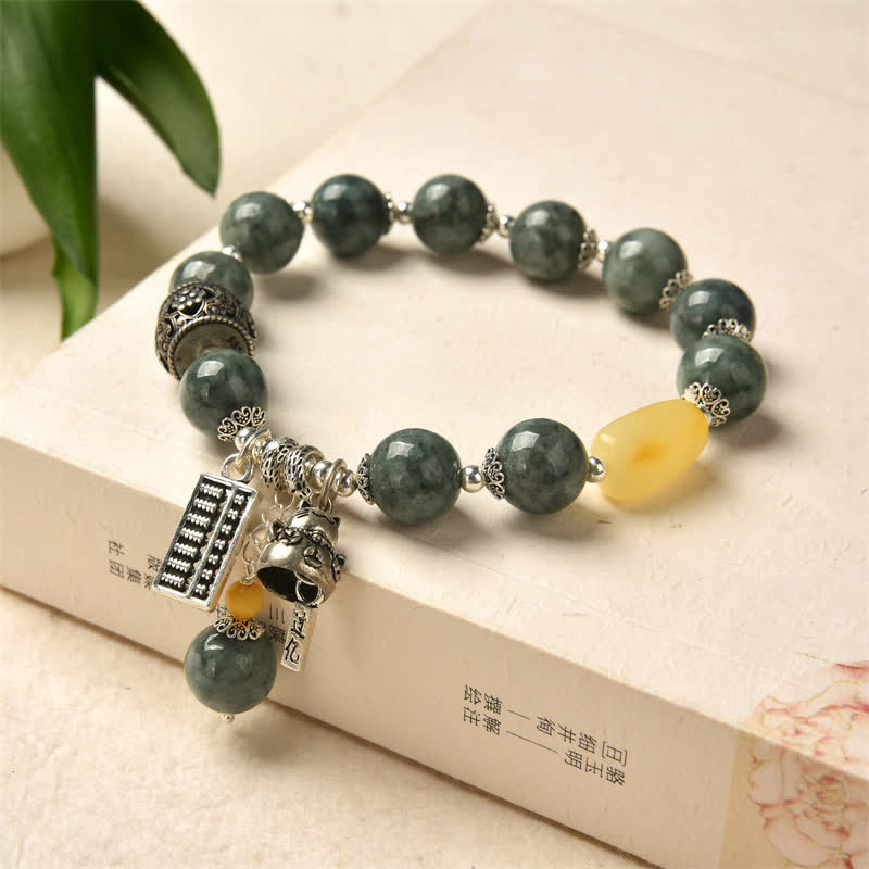 925 Sterling Silver Cyan Jade & Amber Abacus Lucky Cat Charm Bracelet