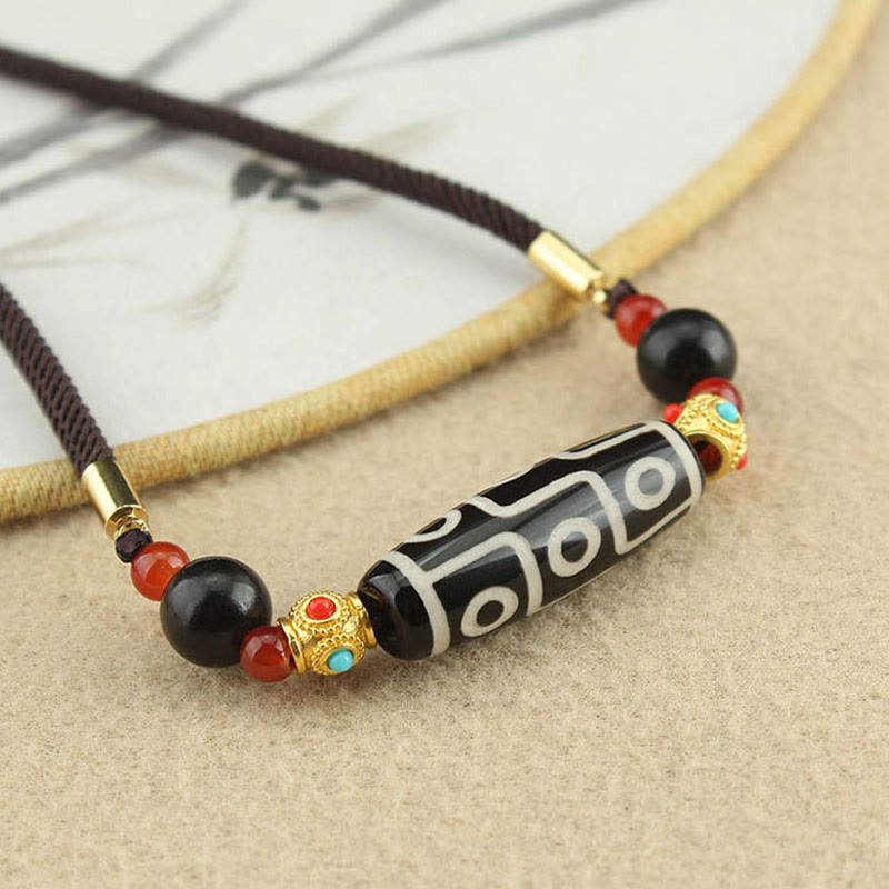 Tibetan Nine-Eye Dzi Bead Protection Blessings String Necklace Pendant