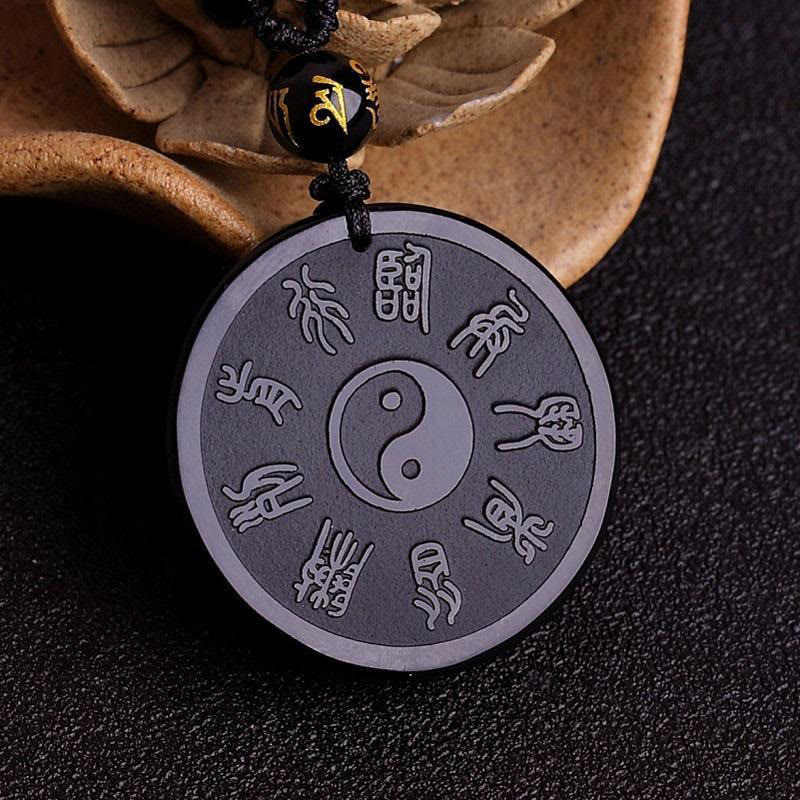 Natural Black Obsidian Taoism Five Sacred Mountains Nine-Character Mantra Carved Strength Yin Yang Necklace Pendant Key Chain