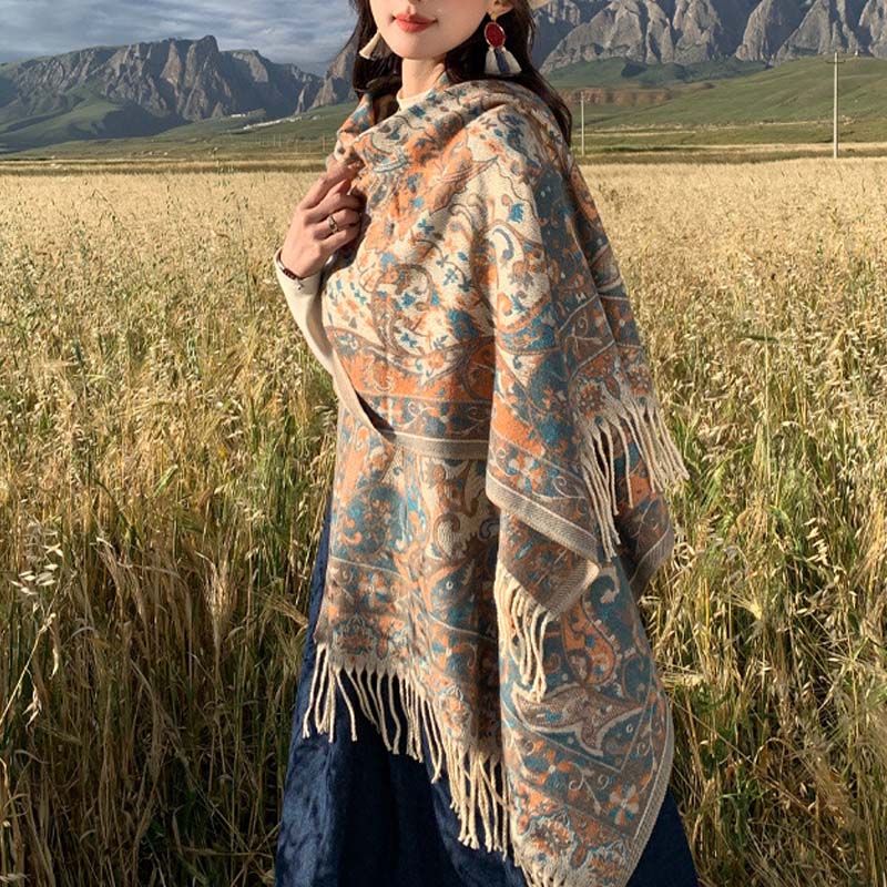 Tibetan Flower Branch Tassel Shawl Cozy Travel Scarf Wrap