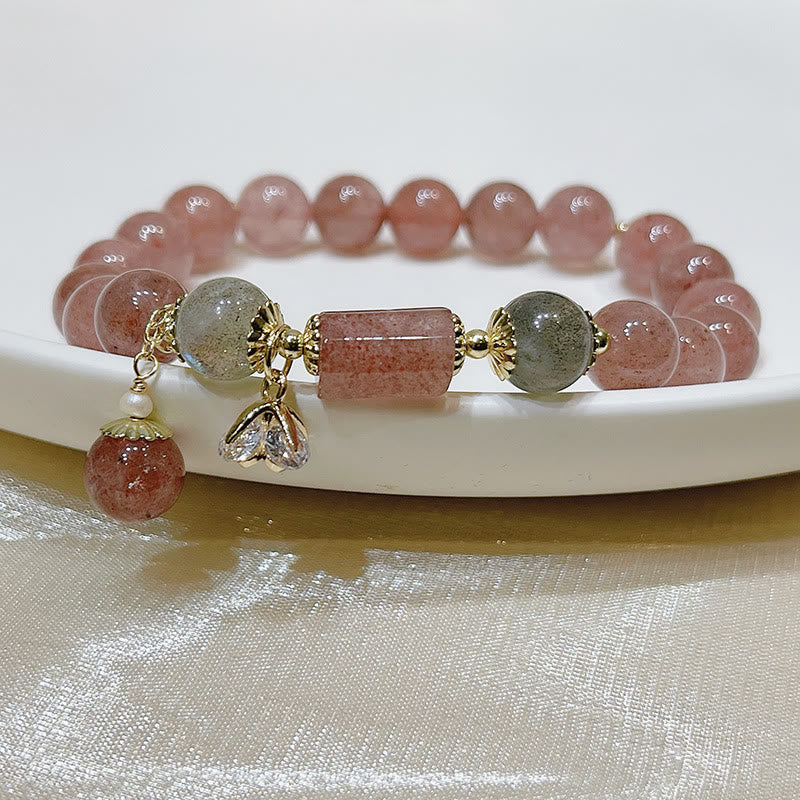 Natural Strawberry Quartz and Moonstone Stretch Gemstone Bracelet