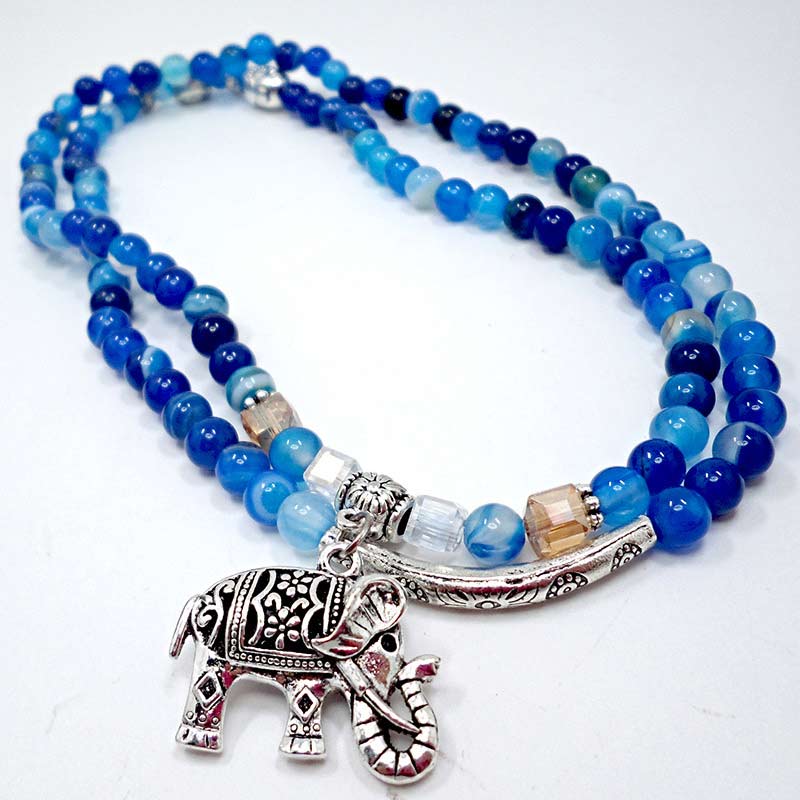 Handmade 999 Silver Plated Natural Agate Elephant & Buddha Charm Bracelet