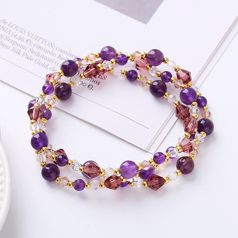 Natural Tourmaline Strawberry Quartz Amethyst Peace Wisdom Double Wrap Bracelet