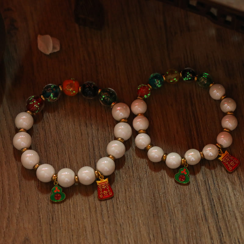 Luminous Liuli Glass & Tibetan Porcelain Beaded Bracelet with Wu Lou Copper Coin Charm