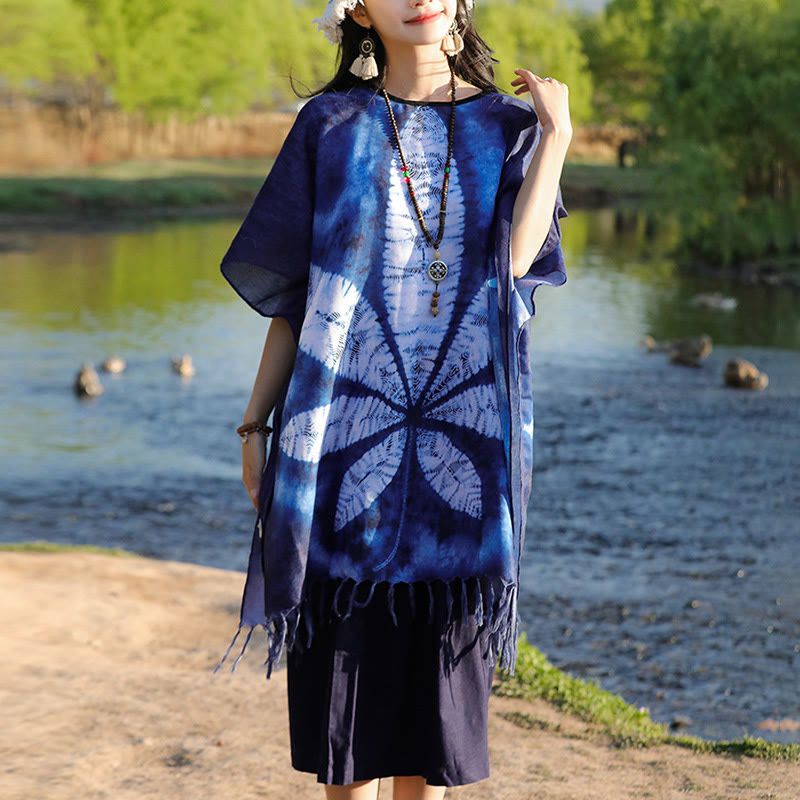 Artisanal Blue Batik Maple Leaf Mindful Travel Shawl Pullover
