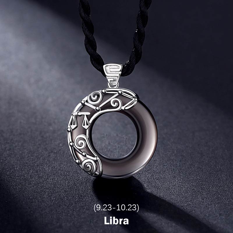 12 Constellations of the Zodiac Ice Obsidian Blessing Round Pendant Necklace