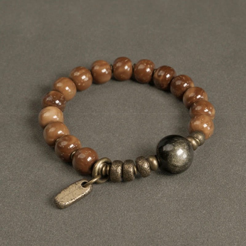 Kuka Seed Tiger Eye Gold Sheen Obsidian Brass Copper Wealth Luck Bracelet