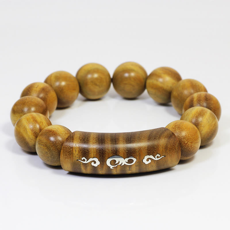 999 Sterling Silver Green Sandalwood Om Mani Padme Hum Dragon Phoenix Dharmachakra Inlaid Peace Bracelet