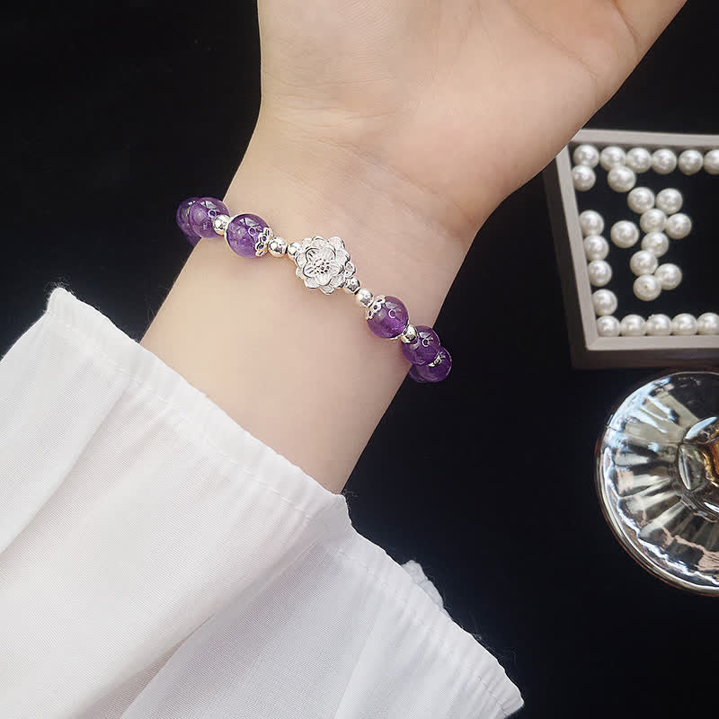 Natural Amethyst & 925 Sterling Silver Lotus Charm Handmade Stretch Bracelet