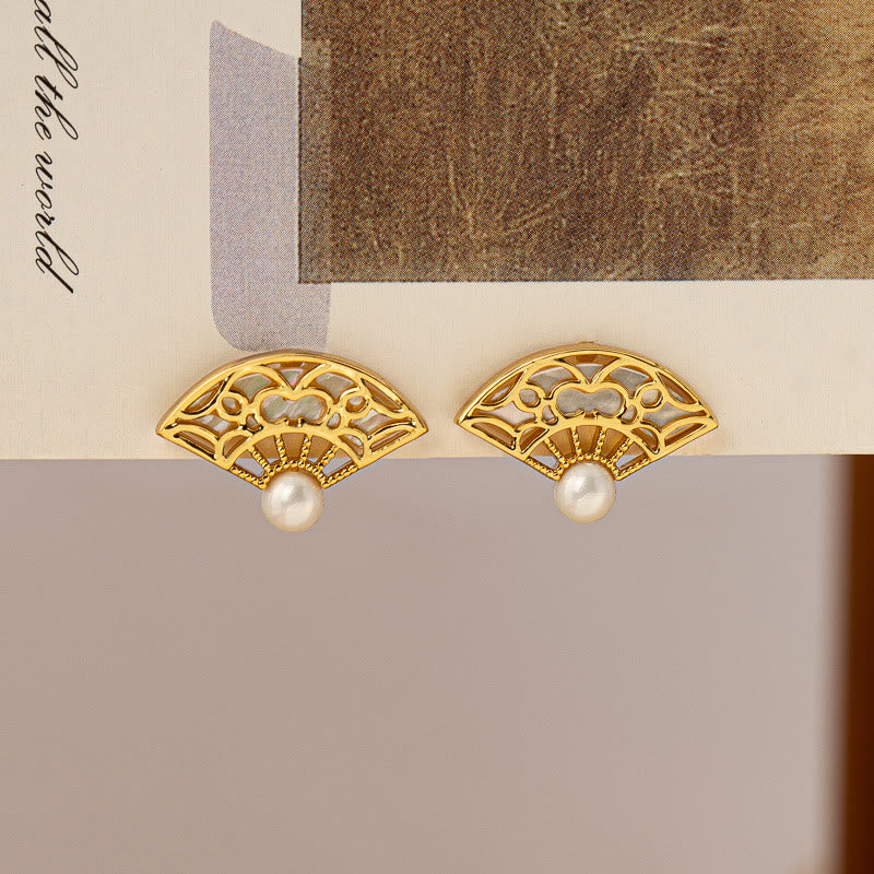 925 Sterling Silver Fan Pattern Pearl and Copper Stud Drop Earrings