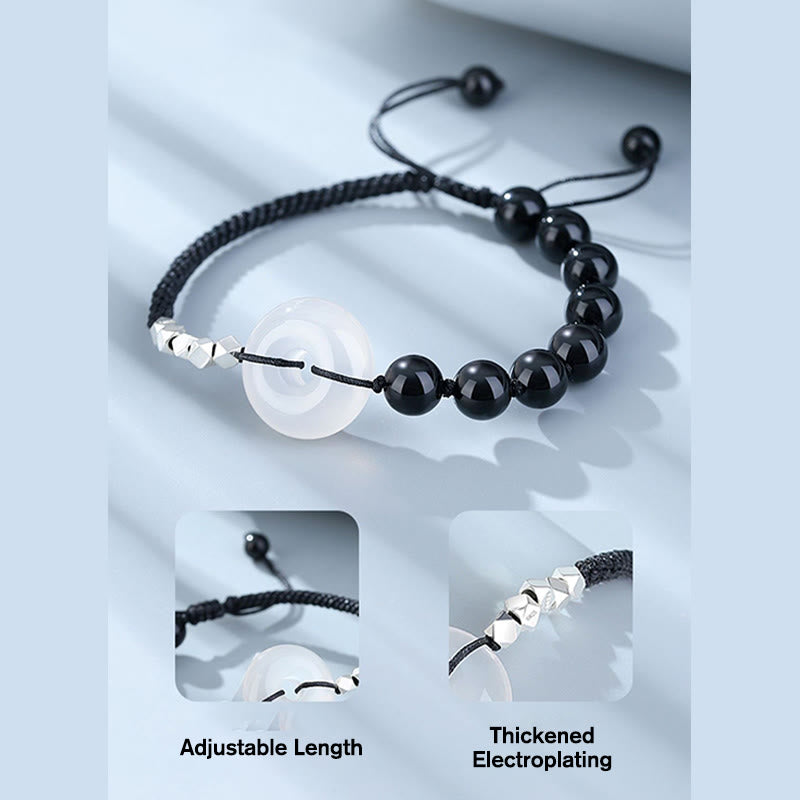 Adjustable 925 Sterling Silver Black Obsidian Agate Ping An Kou Peace Buckle Bracelet