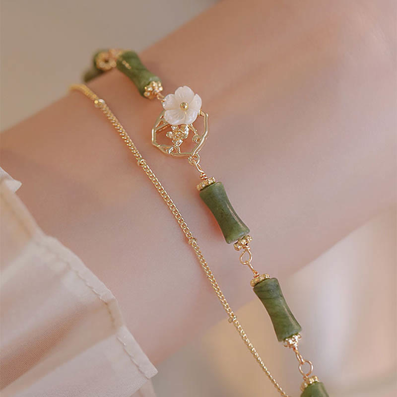 14k Gold Plated Peridot and Tridacna Bamboo Flower Double Layer Copper Bracelet