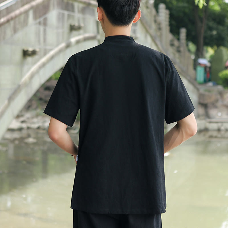 2Pcs Men's Short Sleeve Shirt Top T-Shirt Pants Meditation Zen Tai Chi Cotton Linen Clothing Set