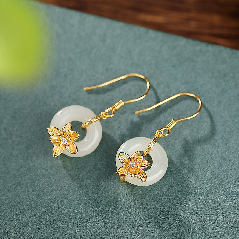 925 Sterling Silver Hetian Jade Peace Buckle Orchid Prosperity Earrings