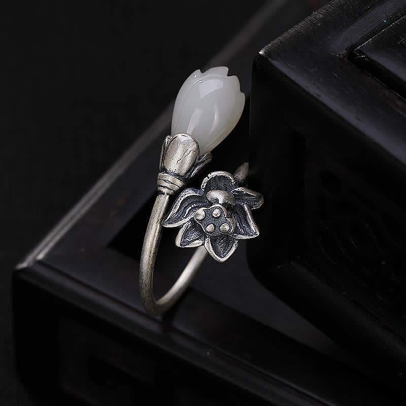Handmade Copper Jade Lotus Adjustable Ring