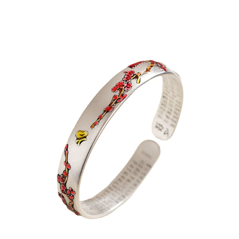 Plum Blossom Chrysanthemum Flower Design Heart Sutra Healing Bracelet Cuff Bangle