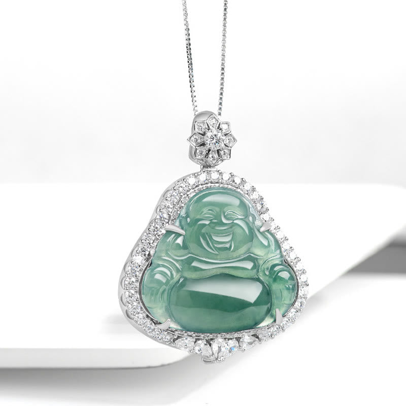 925 Sterling Silver Laughing Buddha Natural Jade Luck Abundance Chain Necklace Pendant