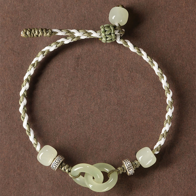 Natural Hetian Jade Ping An Kou Peace Buckle Braided Bracelet
