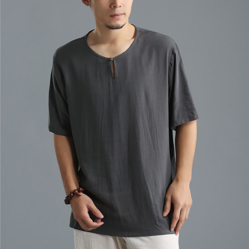 Breathable Cotton-Linen Crew Neck Short Sleeve Meditation Shirt