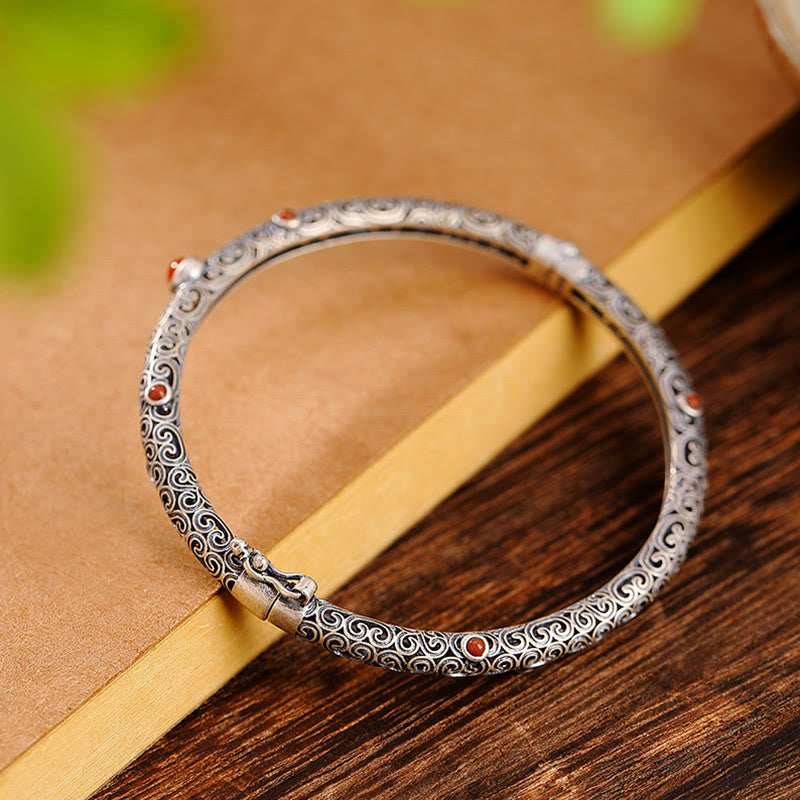 Vintage Tang Dynasty Flower Design Engraved Red Agate Copper Luck Bracelet Bangle