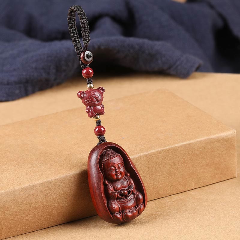 Small Leaf Red Sandalwood & Cinnabar Buddha Chinese Zodiac Carved Keychain