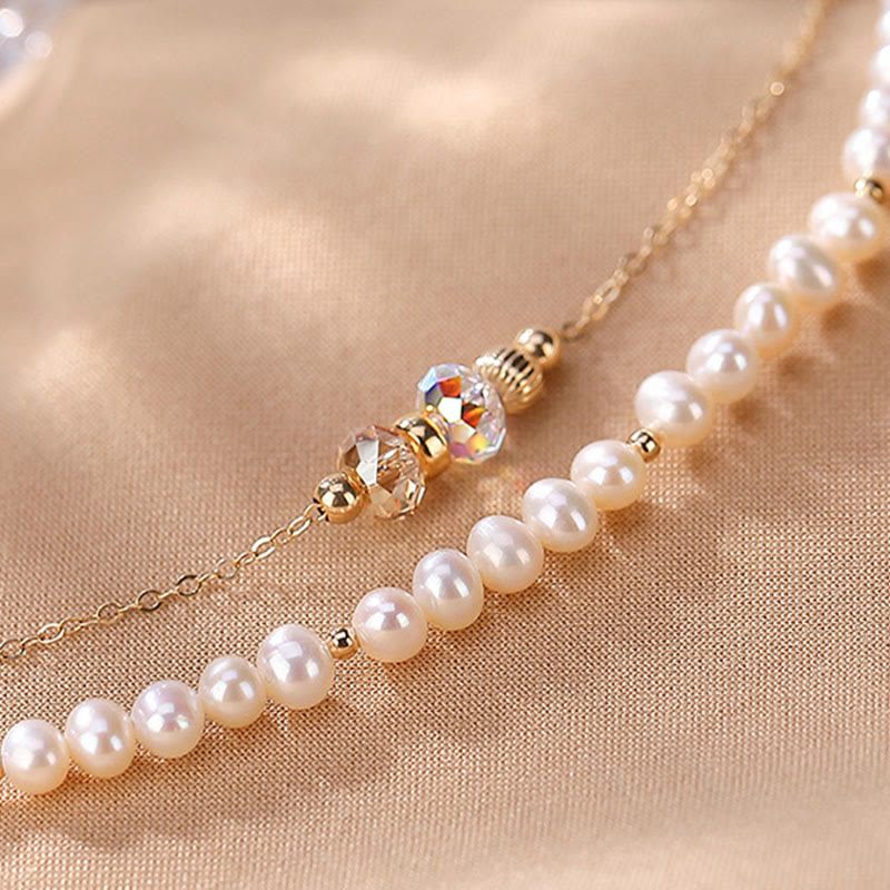 925 Sterling Silver Plated 14k Gold Natural Pearl Crystal Healing Double Layer Bracelet