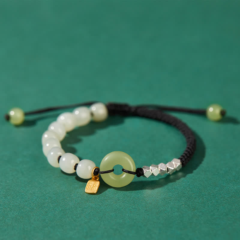 Hand-Woven Hetian Jade Ping An Kou Gold Plated Sterling Silver Beaded Bracelet
