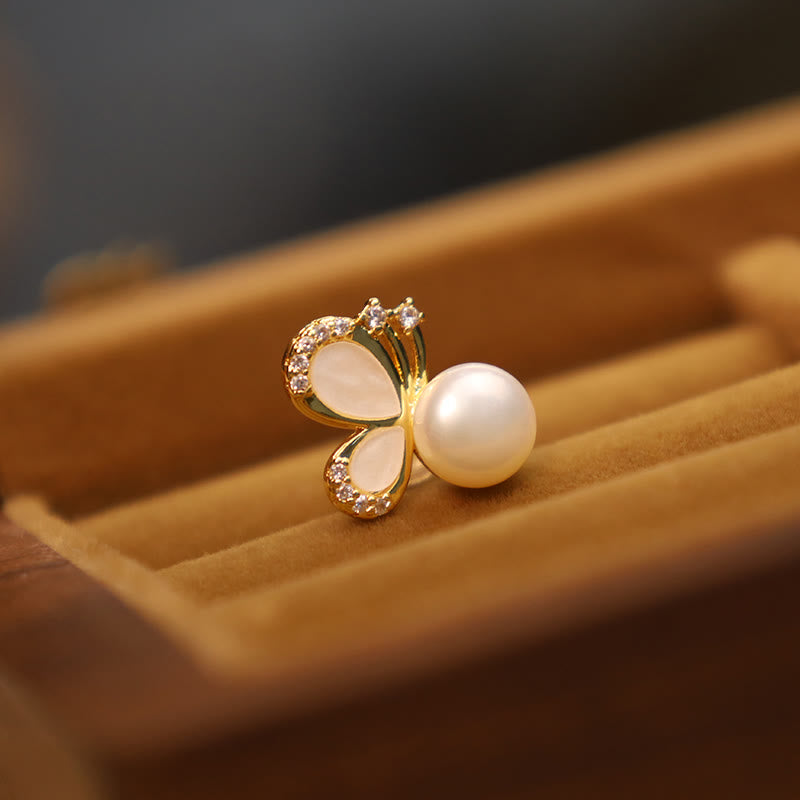925 Sterling Silver Posts 18K Gold Plated Copper Natural Pearl Butterfly Zircon Healing Stud Earrings