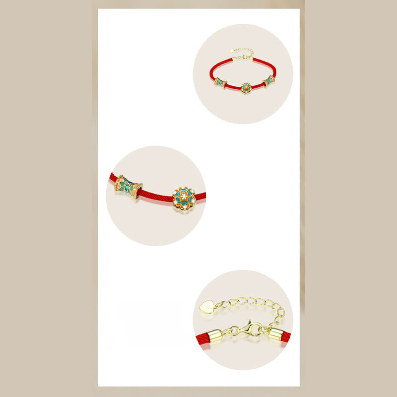 Dunhuang 925 Sterling Silver Lotus Drum Red String Bracelet for New Beginnings