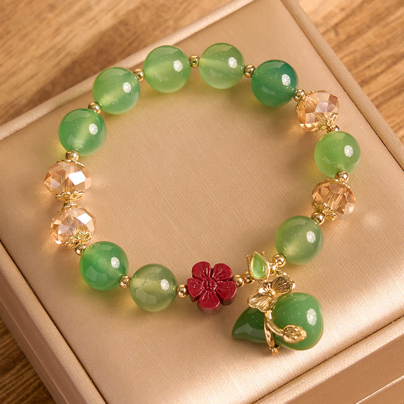Natural Agate and Clear Quartz Beaded Bracelet with Cinnabar Flower and Wu Lou Gourd