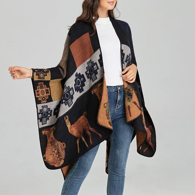 Tibetan Shawl Deer Vase Geometric Shapes Winter Cozy Travel Scarf Wrap