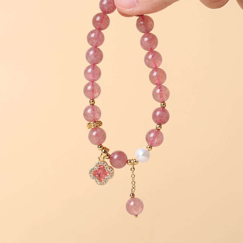 Strawberry Quartz & Pearl Bracelet with Four-Leaf Clover Charm