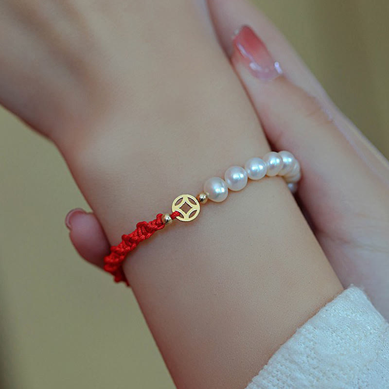 14K Gold Plated Pearl and Prosperity Symbol Braided Red String Bracelet