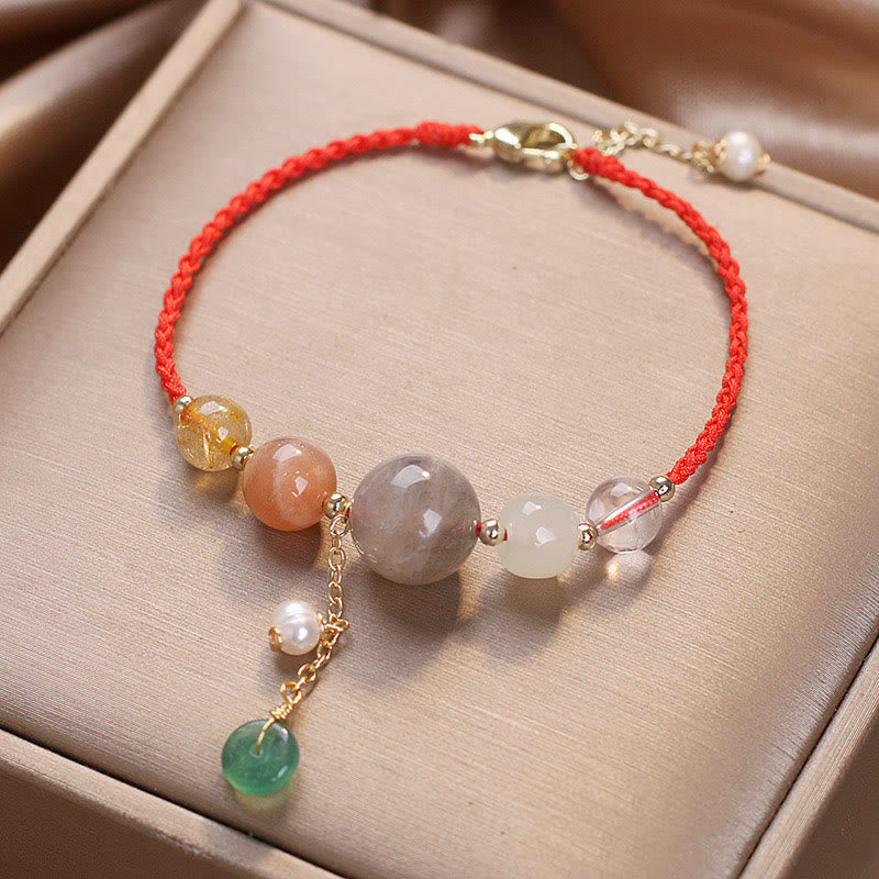 Multi-Gemstone Rope Bracelet with Moonstone, Sunstone, Hetian Jade & Ping An Kou Charm