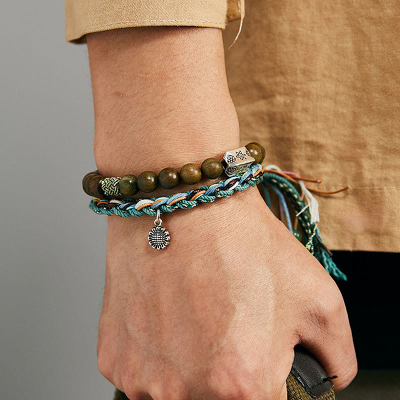 Handmade Green Sandalwood and Bodhi Seed 925 Sterling Silver Positive Bracelet
