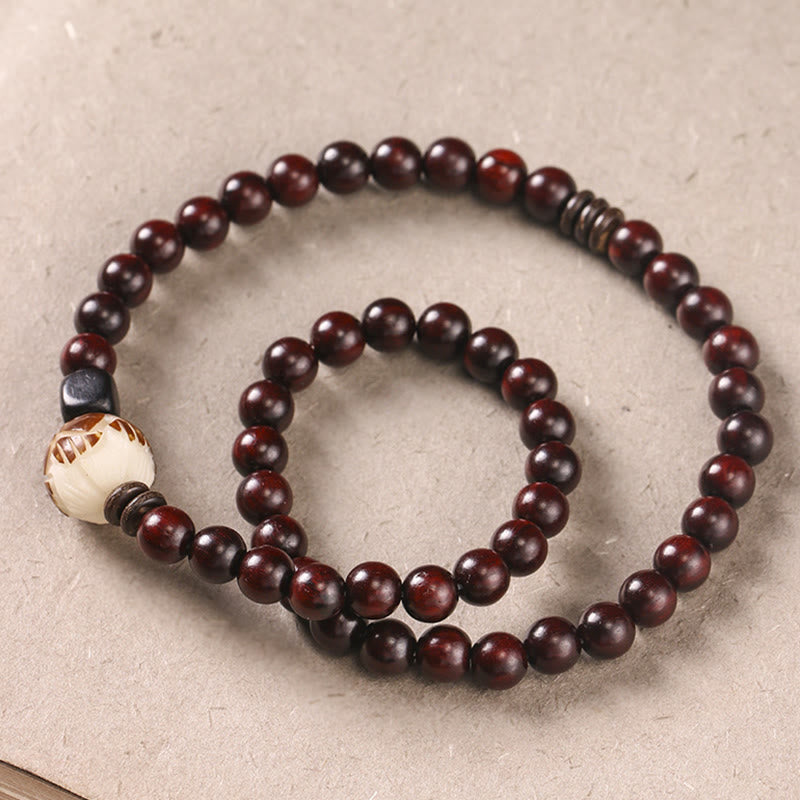 Carved Red Sandalwood and Lotus Bodhi Seed Double Wrap Bracelet