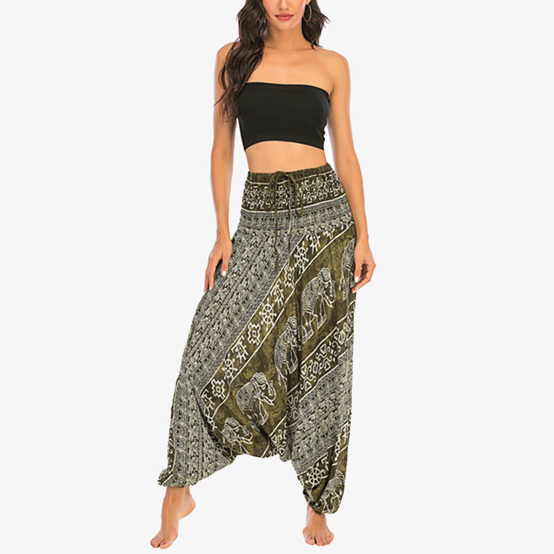 Two Style Wear Elephant Pattern Loose Smocked Harem Trousers Jumpsuit Women's Yoga Pants