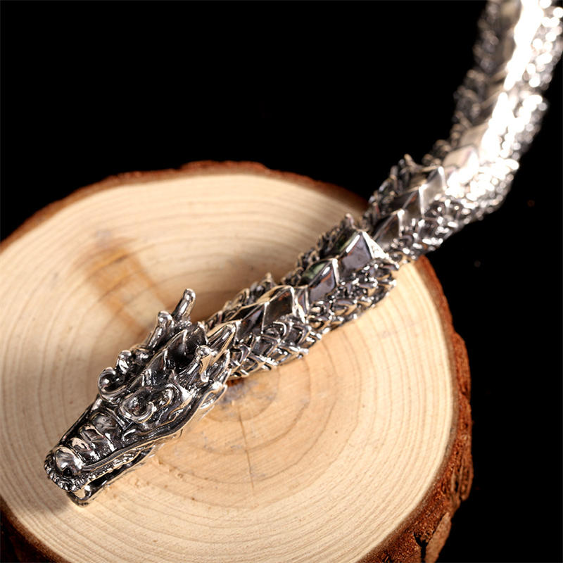Handcrafted 925 Sterling Silver Dragon Motif Open Bangle Bracelet