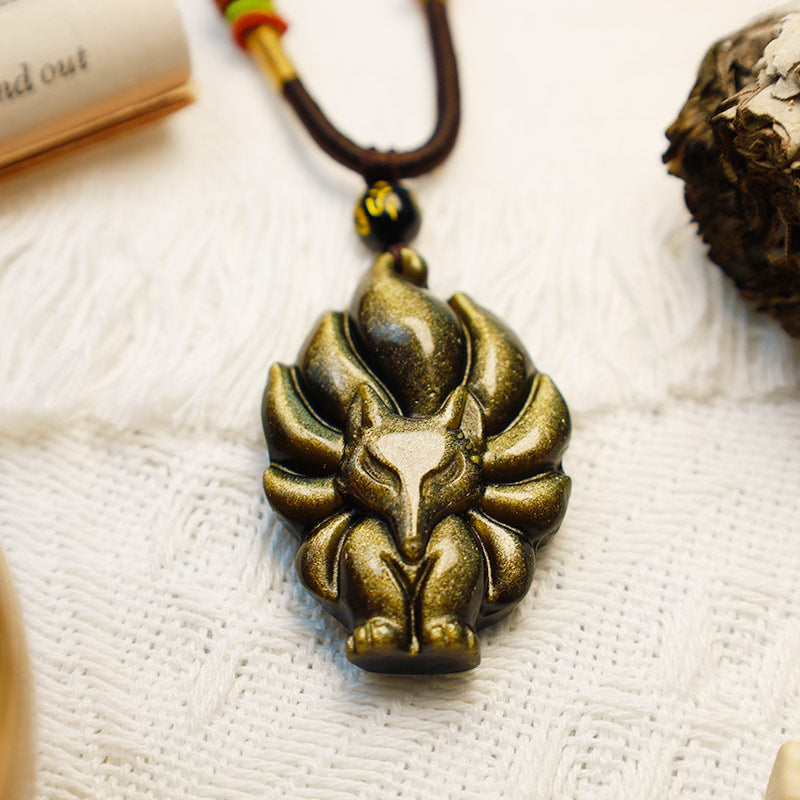 Natural Rainbow Obsidian Gold Sheen Obsidian Nine Tailed Fox Positive Necklace Pendant